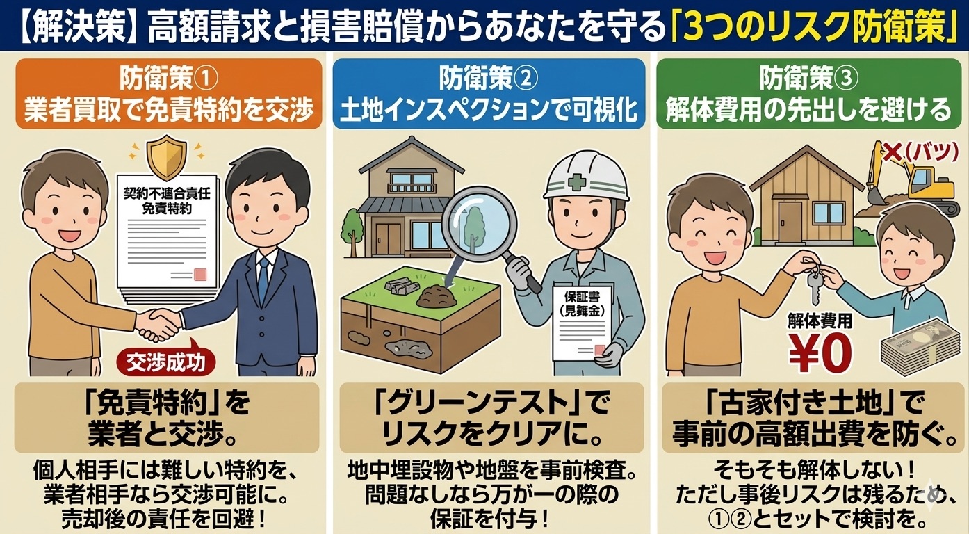 不動産売却の損害賠償を防ぐ3つの対策。免責特約の交渉、土地インスペクション、古家付き売却