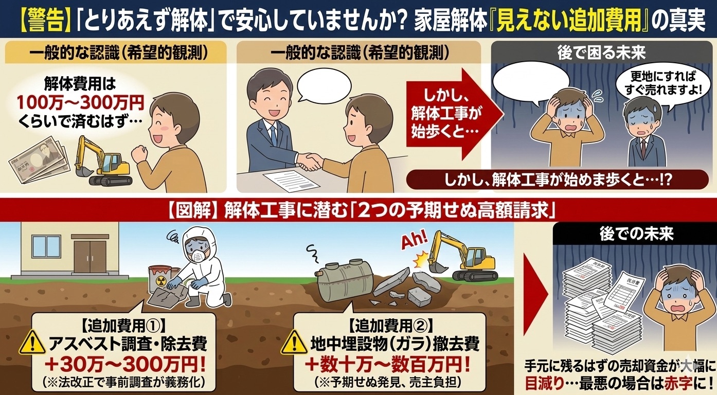 家屋解体に潜むアスベストや地中埋設物の追加費用リスクを解説。表面的な費用と実態の差を警告する図解