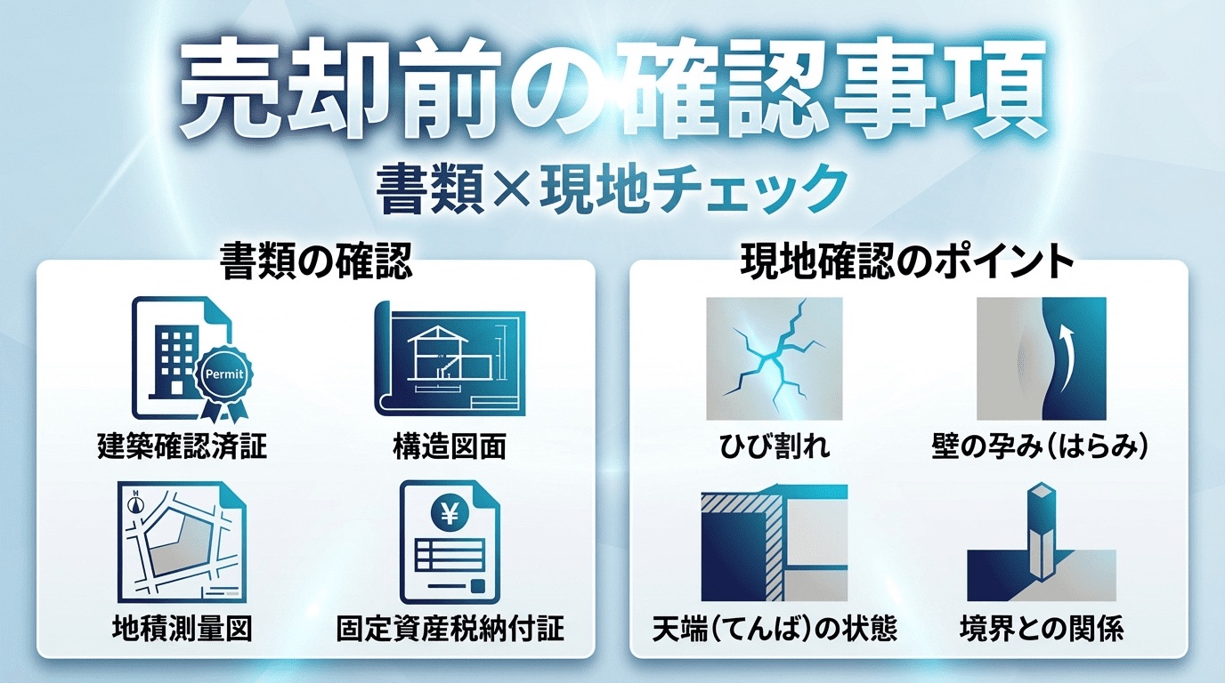 売却前の確認事項:書類と現地チェックポイントのインフォグラフィック