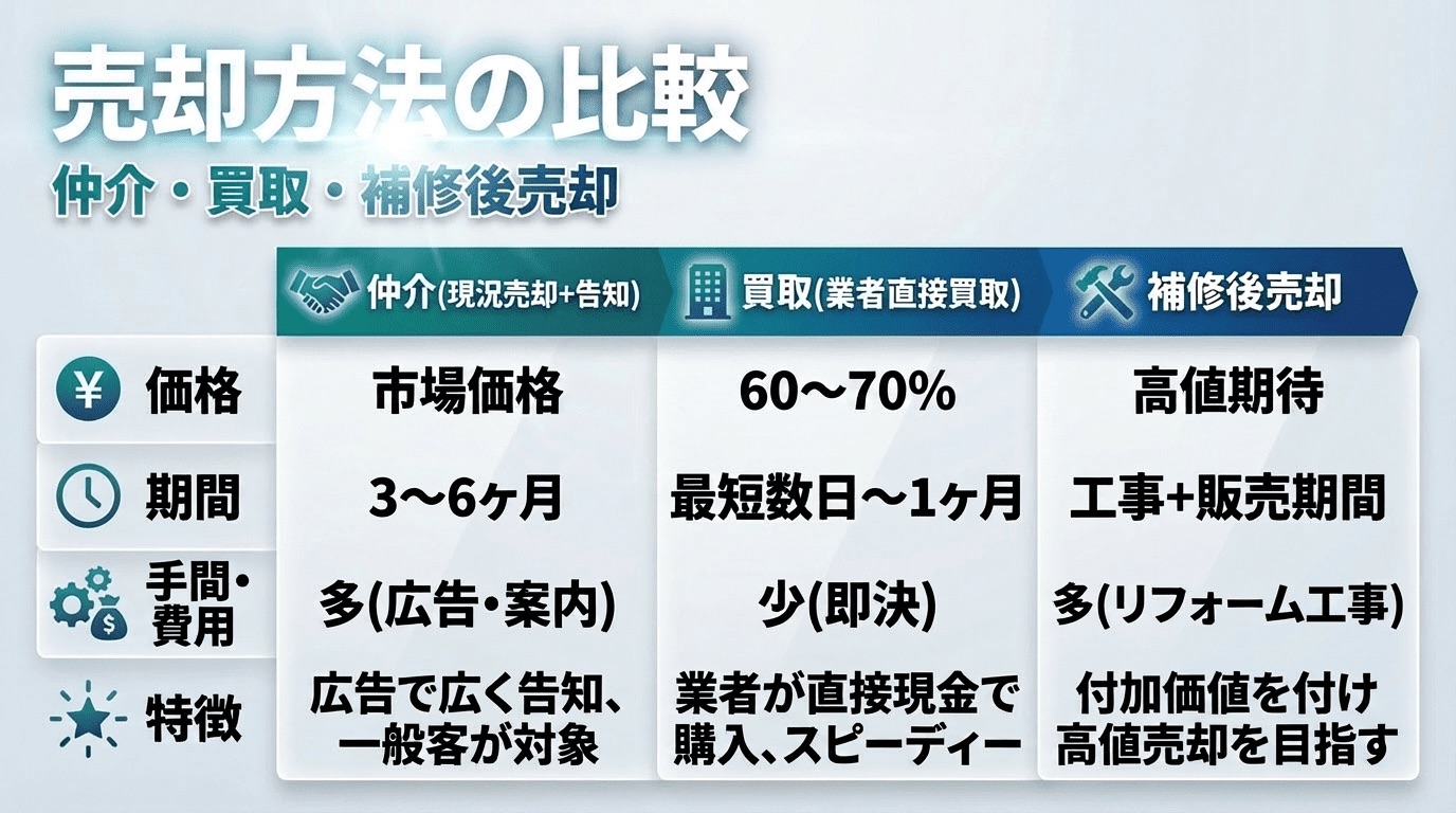売却方法の比較表:仲介・買取・補修後売却の違いを解説