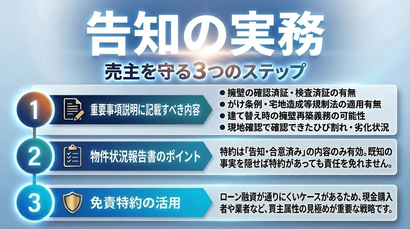 告知の実務:売主を守る3つのステップを図解したインフォグラフィック