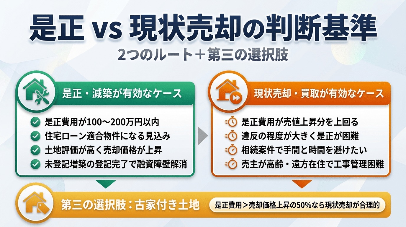 是正vs現状売却の判断基準を比較したインフォグラフィック