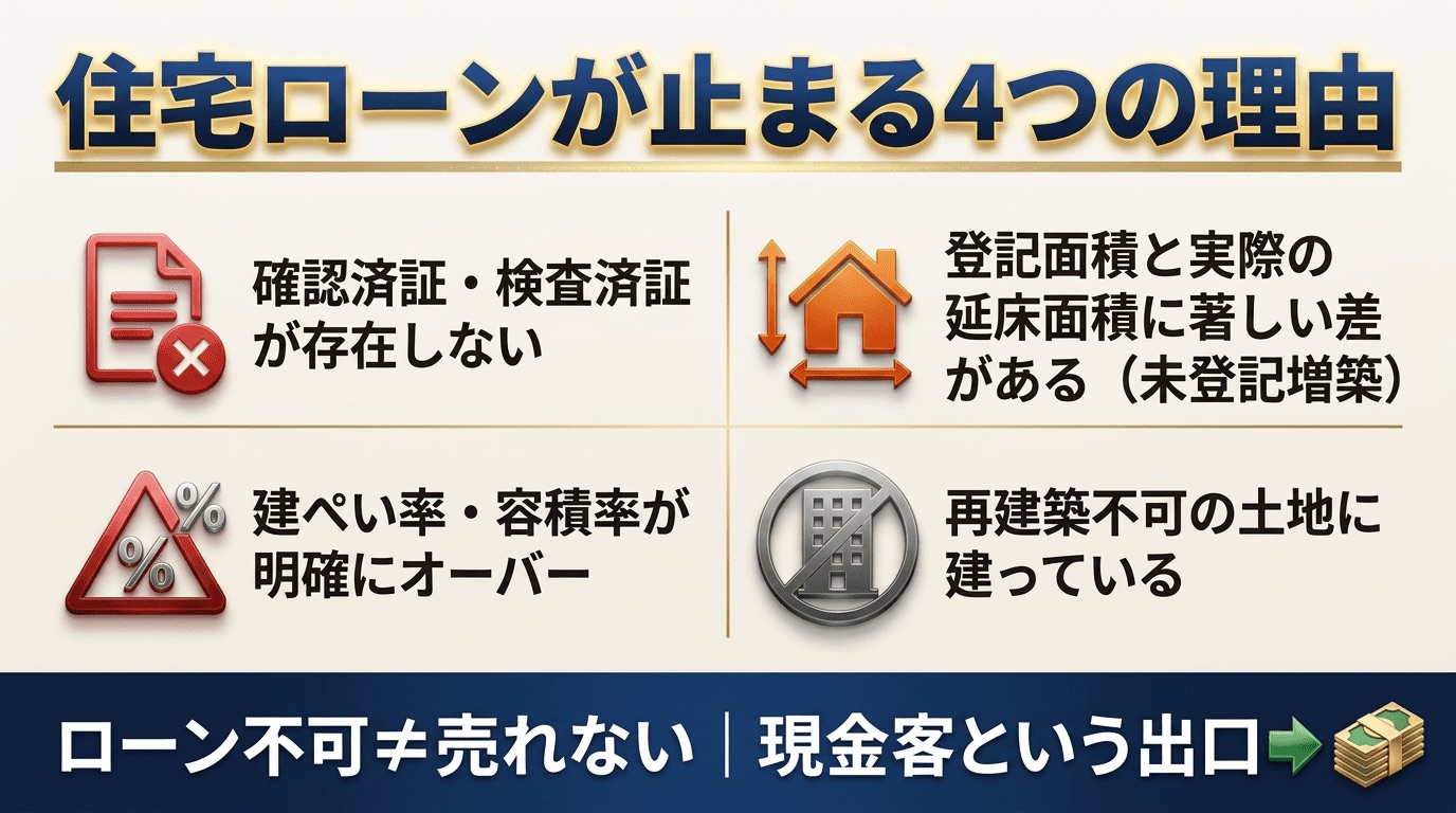 住宅ローンが止まる4つの理由を解説したインフォグラフィック