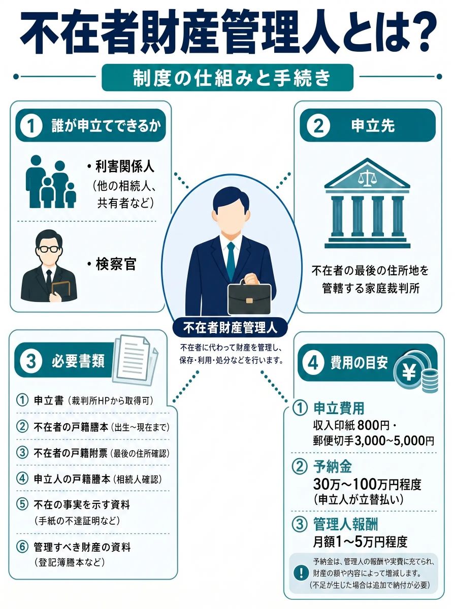 不在者財産管理人の制度概要・申立先・必要書類・費用図解