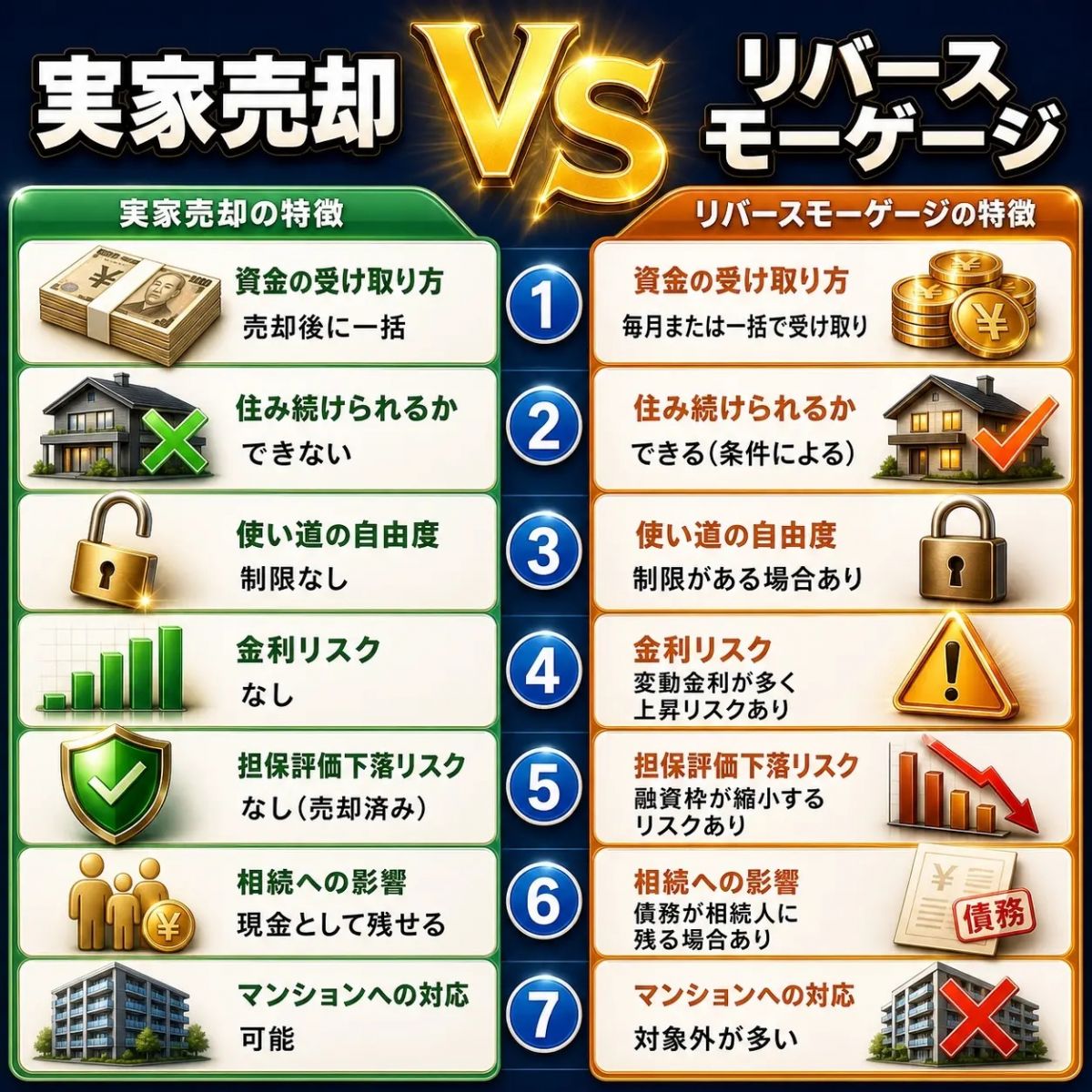 実家売却とリバースモーゲージの比較表。7項目で違いを解説