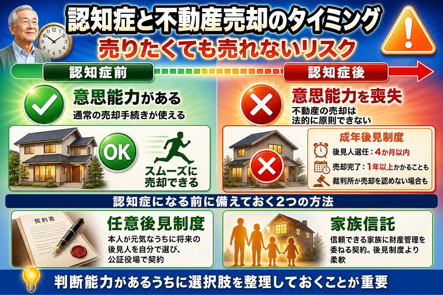 認知症と不動産売却のタイミング図解。成年後見制度と事前対策を比較