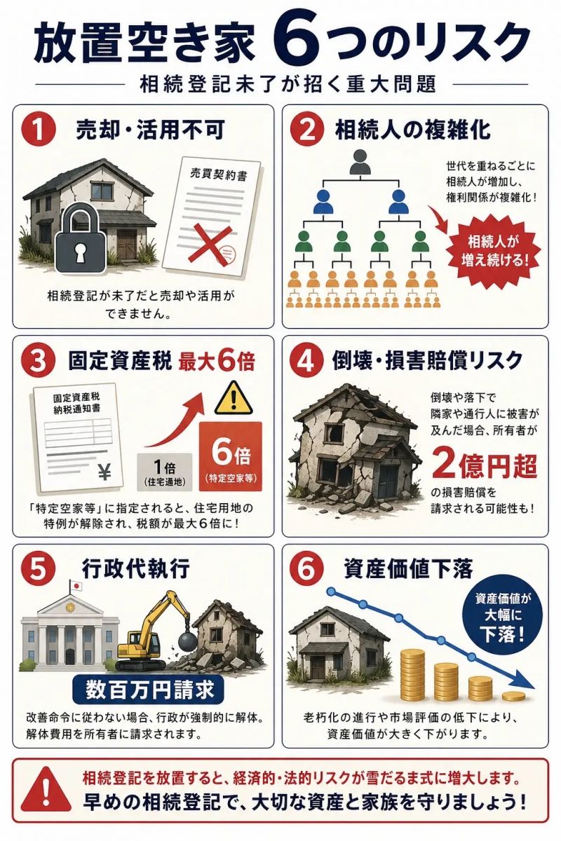 放置空き家の6つのリスクを解説する縦型インフォグラフィック