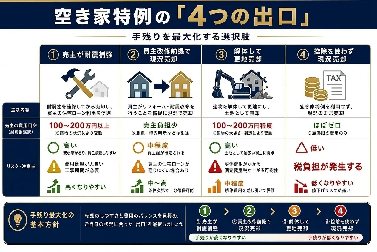 空き家特例の4つの出口比較表:費用・リスク・手残り最大化の選択肢