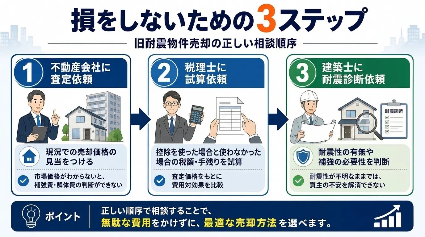 旧耐震物件売却の正しい相談順序:不動産会社→税理士→建築士の3ステップ