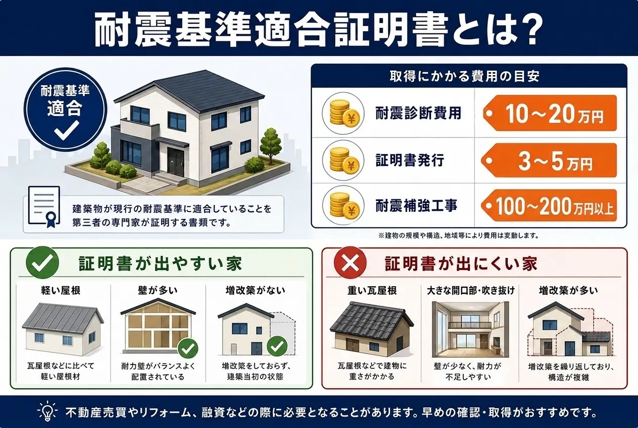 耐震基準適合証明書の取得費用と出やすい家・出にくい家の比較図