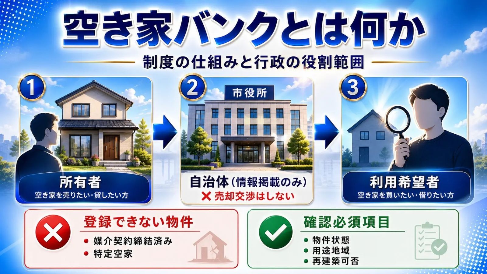 空き家バンクの仕組みと行政の役割を説明する3段階フロー図