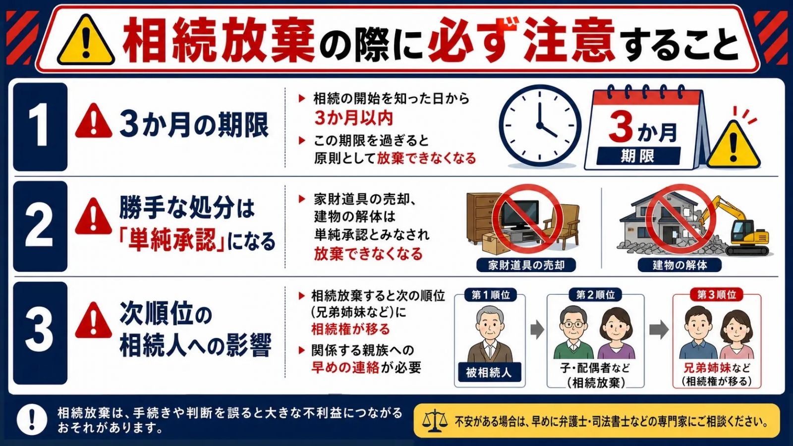 相続放棄の3つの注意点:3か月期限・単純承認・次順位相続人への影響