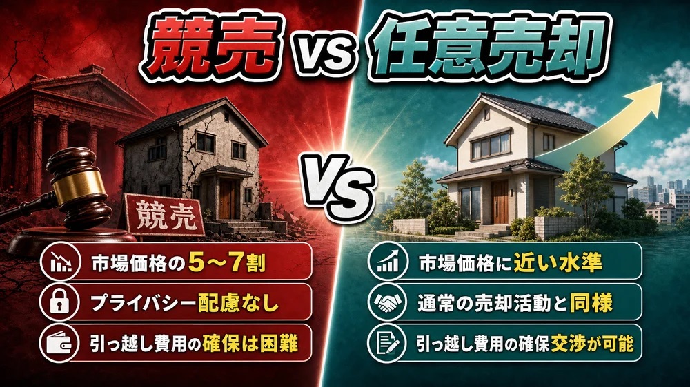 競売と任意売却の価格差・プライバシー・引っ越し費用の違いを比較するインフォグラフィック