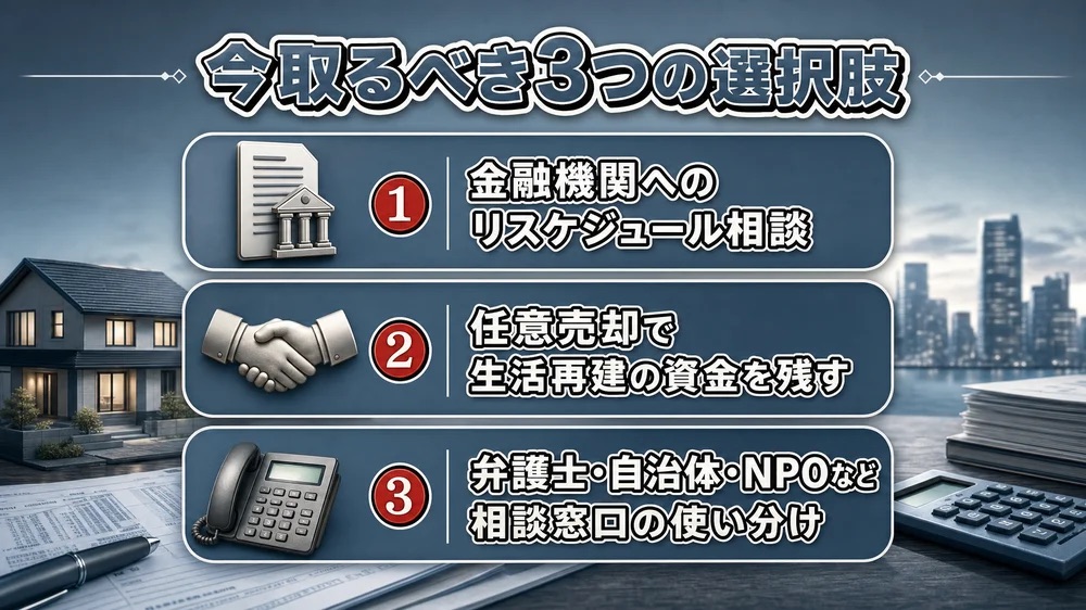 督促状が届いた今取るべき3つの選択肢を示すリスト型インフォグラフィック