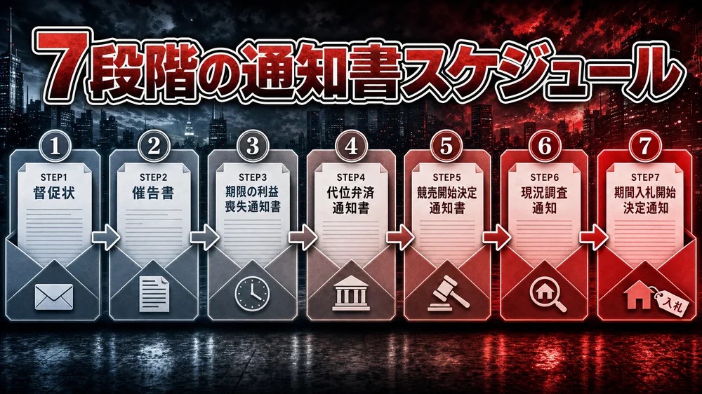 督促状から競売開始決定通知まで7段階の通知書スケジュールを示すインフォグラフィック
