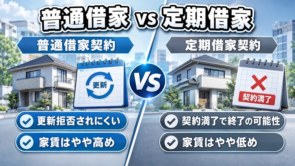 リースバックの普通借家契約と定期借家契約の違いを比較するインフォグラフィック