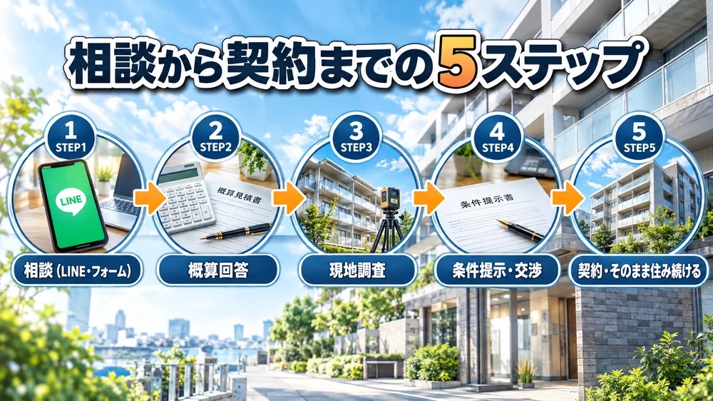 リースバックの相談から契約までの5ステップの流れを示すインフォグラフィック