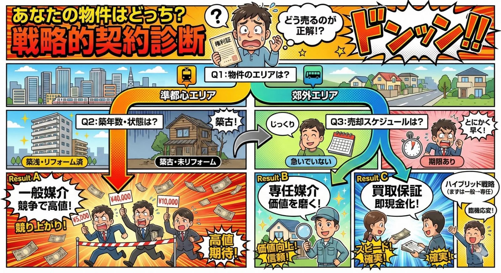 板橋・川越の物件エリアや築年数から最適な媒介契約を判断できる戦略的契約診断フローチャート図。