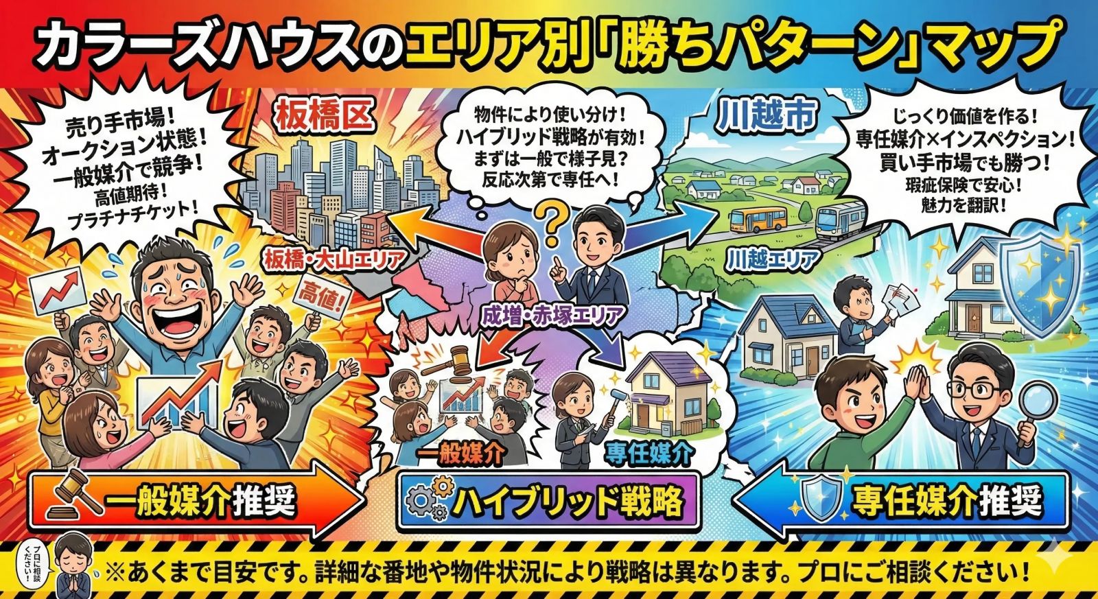 板橋区のマンションや川越市の戸建て等、エリア特性に合わせた不動産売却の勝ちパターンをまとめた攻略マップ。