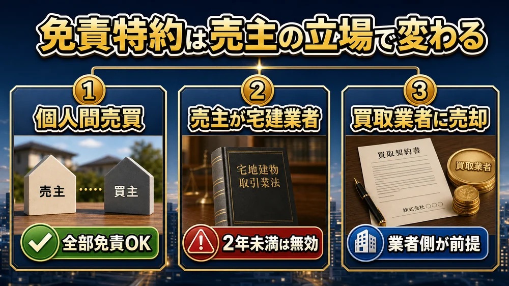 個人間売買・宅建業者・買取業者で契約不適合責任免責特約の有効性が変わることを比較したインフォグラフィック