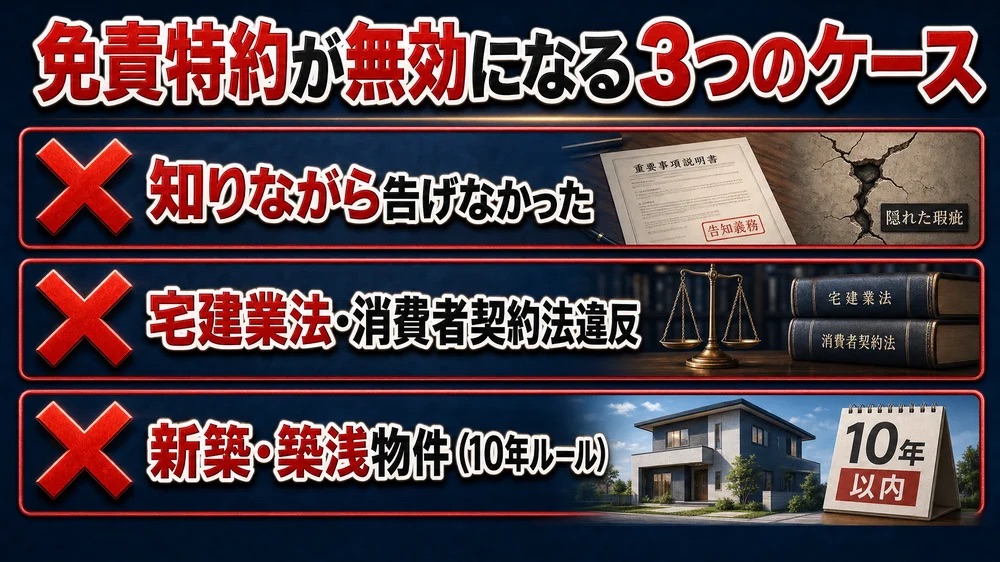契約不適合責任の免責特約が無効になる3つのケースを示したチェックリスト型インフォグラフィック