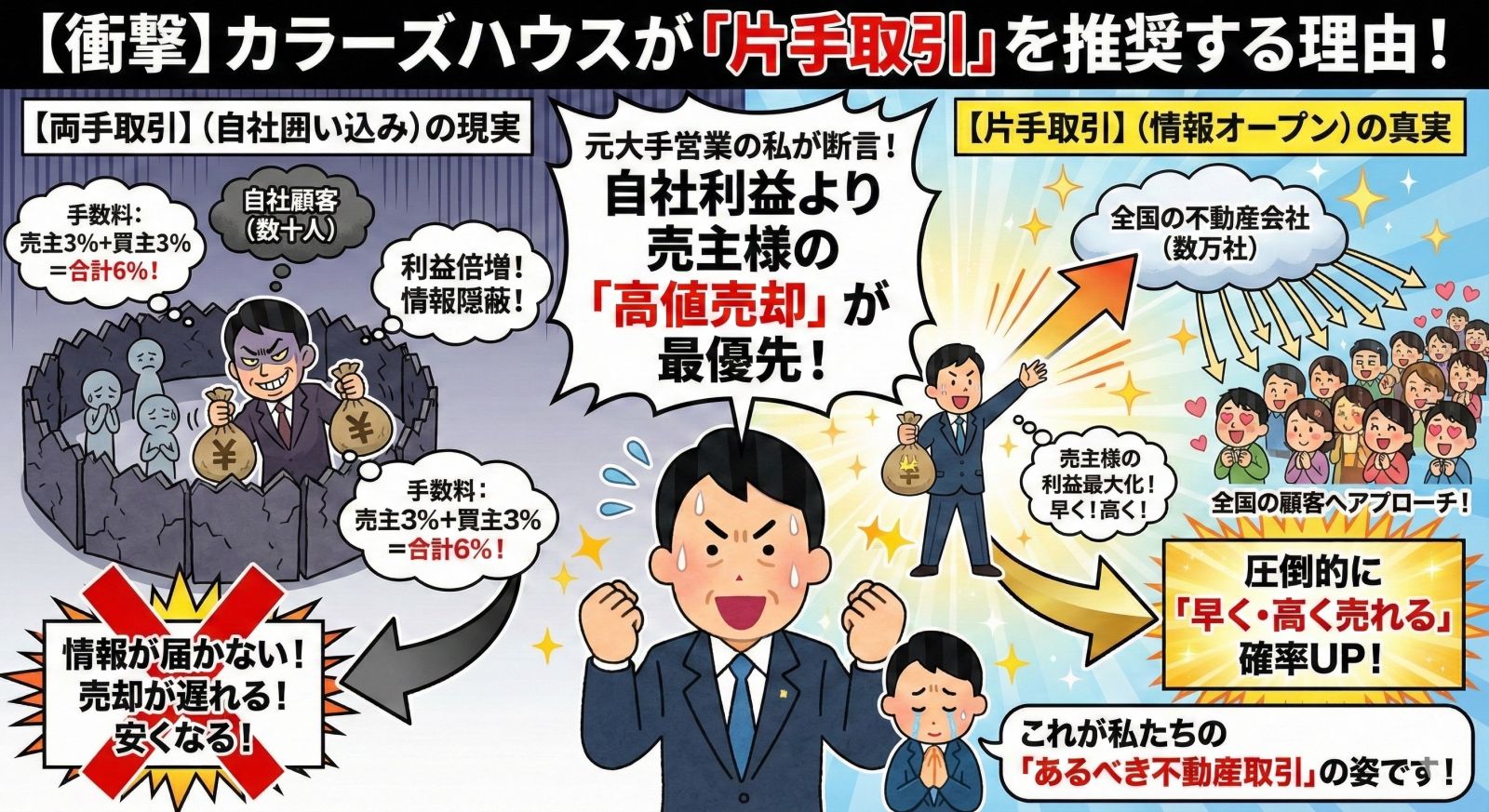 不動産売却で片手取引を推奨する理由。両手取引との比較と高値売却を目指す仕組み