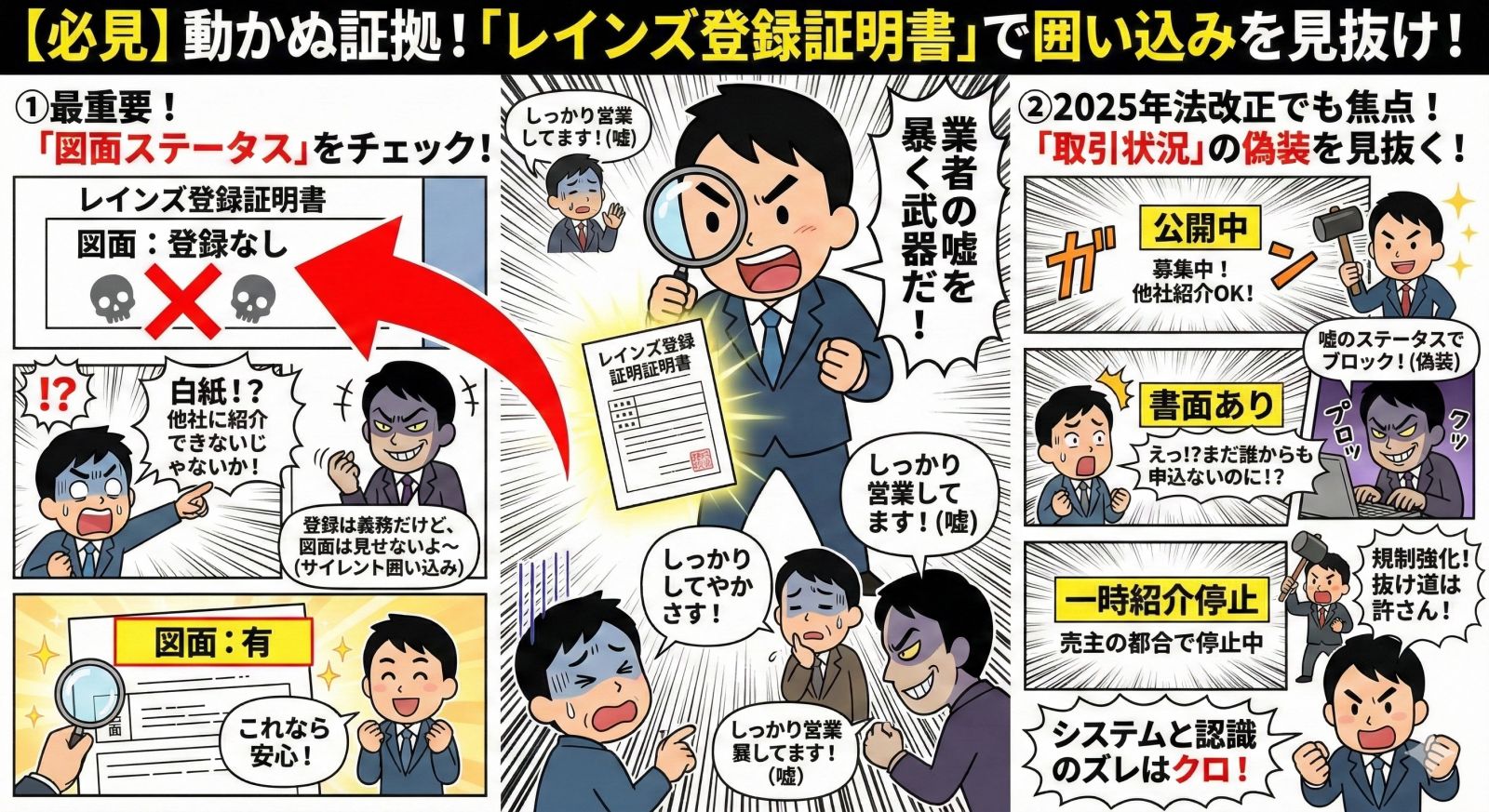 囲い込みを見抜くレインズ登録証明書の見方。図面と取引状況ステータスの確認方法