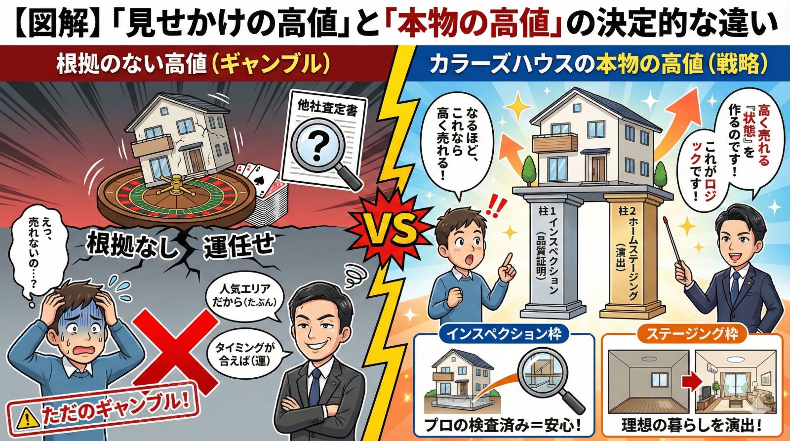 根拠のない「見せかけの高値」と、検査や演出など戦略に基づく「本物の高値」の決定的な違いを図解。