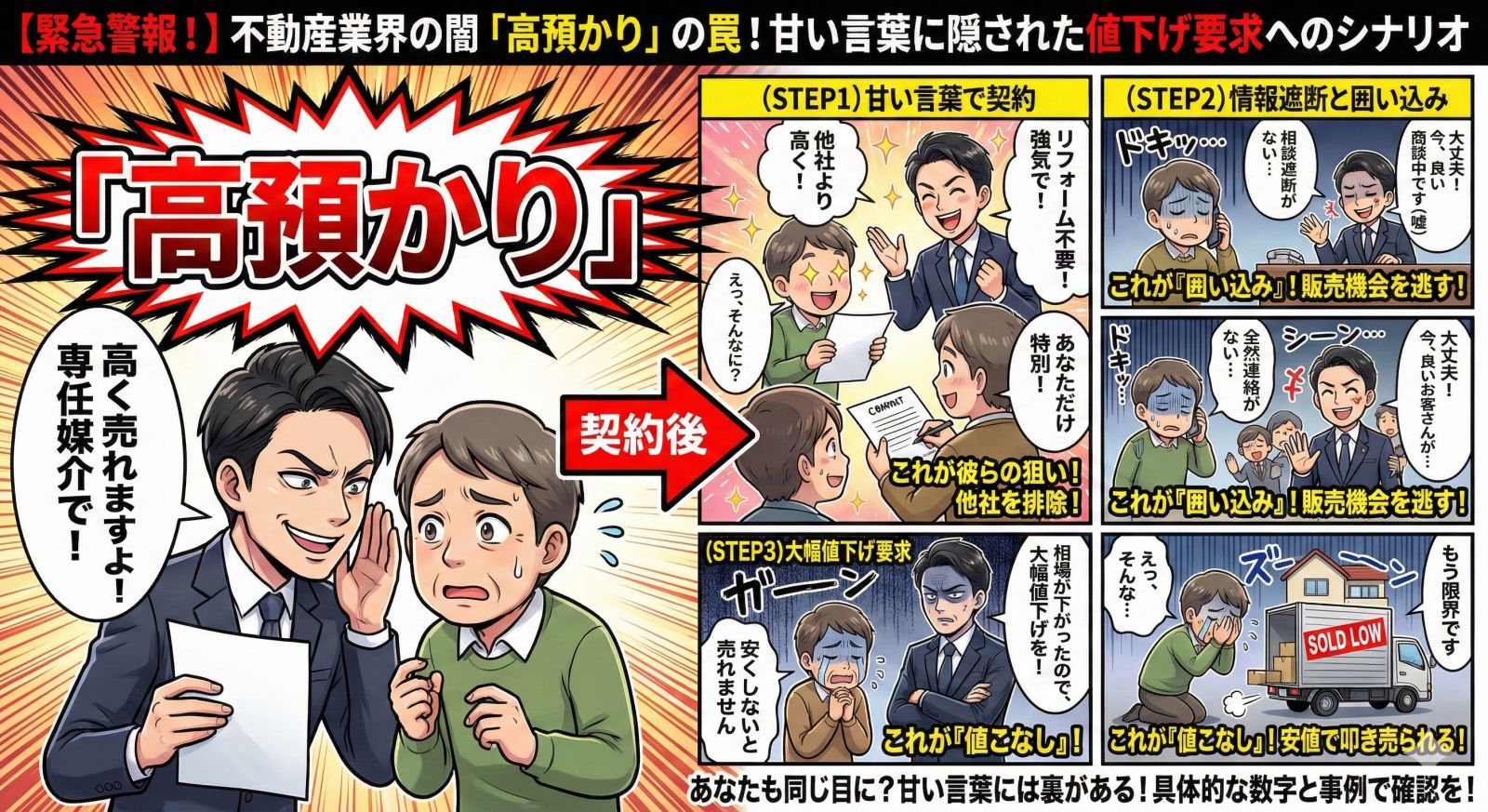 不動産業界の罠「高預かり」の手口を図解。専任契約で囲い込み、後に大幅値下げを迫る悪質なシナリオです。