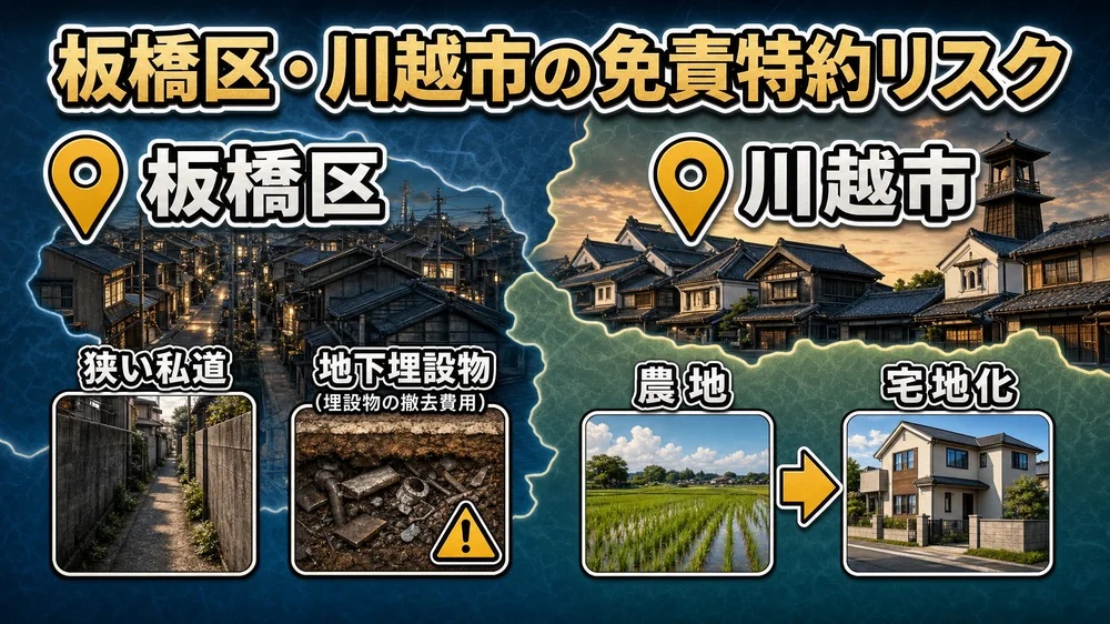 板橋区・川越市で免責特約が特に重要になる築古住宅密集地域と相続物件のエリア特性を示す地図型インフォグラフィック