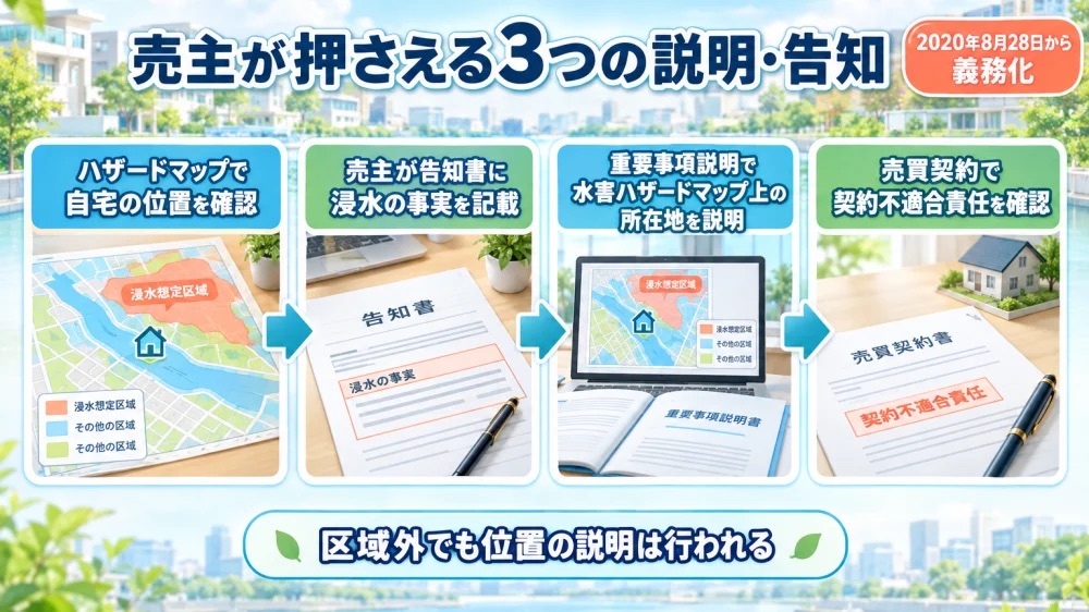 重要事項説明で水害ハザードマップの所在地が説明されるまでの流れを示すタイムライン図解