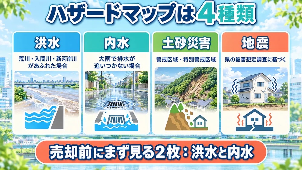 川越市の洪水・内水・土砂災害・地震ハザードマップ4種類の違いを示す比較インフォグラフィック