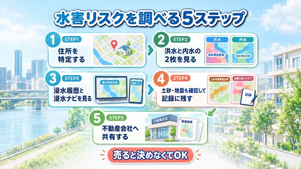 売却前に自宅の水害リスクを調べる5ステップの確認手順を示すステップ図解