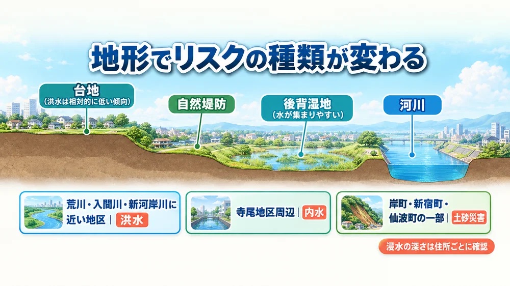 画像:川越市の台地・低地・後背湿地の地形断面とエリア別リスクの種類を示す図解