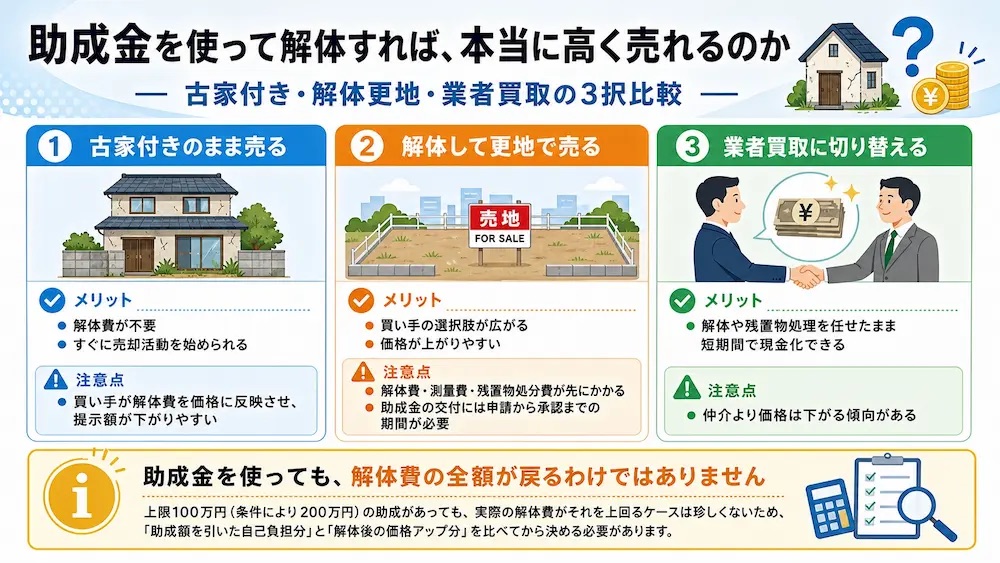 古家付き・解体更地・業者買取の3つの売却方法を比較したインフォグラフィック
