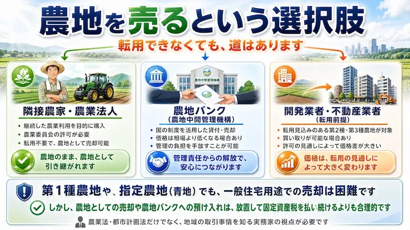 転用できない農地でも売却できる3つの選択肢:近隣農家・農地バンク・開発業者