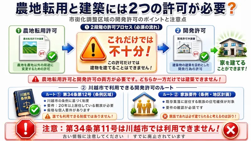 農地転用許可と開発許可の2段階が必要であることを警告する図解と利用可能ルート
