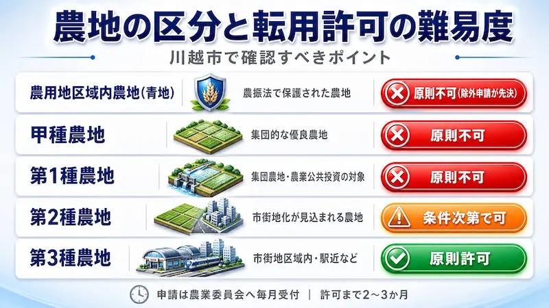 川越市の農地区分5種類と転用許可の難易度を色分けした比較表インフォグラフィック