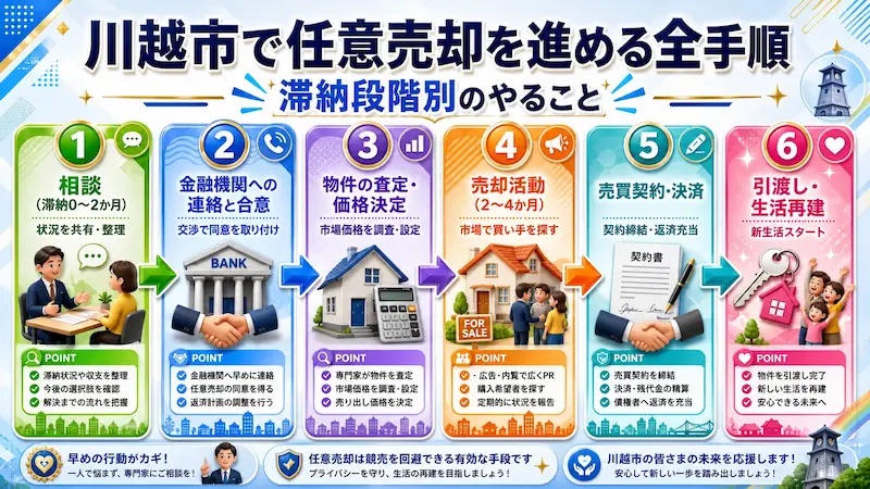 任意売却の全手順—相談から生活再建まで6ステップを図解