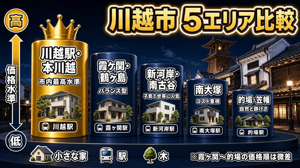 川越市の5エリア(川越駅・本川越/南古谷/的場・笠幡/霞ケ関・鶴ヶ島/南大塚)別の相場と特徴を示すインフォグラフィック