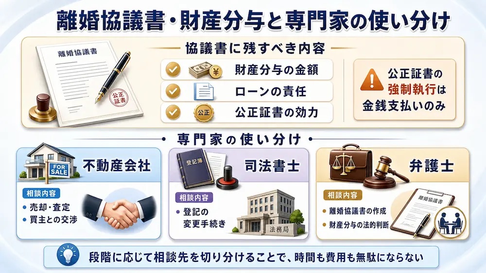 離婚協議書に残すべき内容と専門家(不動産会社・司法書士・弁護士)の使い分けを示すインフォグラフィック