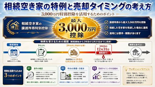 相続空き家の3,000万円特別控除と売却タイミングの解説図